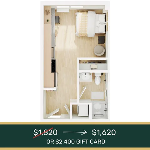 Chic studio apartment floor plan highlighting an open layout with a cozy bedroom corner, modern kitchen, and compact bathroom. Discounted price of $1,620 with a $2,400 gift card offer.