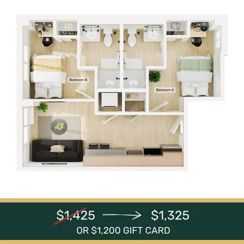 Modern 2-bedroom floor plan showcasing sleek open-concept living and dining area with two bathrooms. Offered at a competitive price with a special gift card offer.