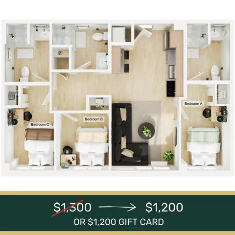 Modern 2D floor plan highlighting 3 cozy bedrooms, an inviting open kitchen, and a spacious living area, with a special offer of $1,200 or a gift card.