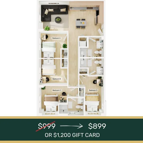 Modern 4-bedroom floor plan featuring a spacious open-layout living room and sleek kitchen, ideal for families. Special offer: $899 or $1,200 gift card.
