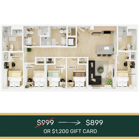 Modern floor plan illustrating 5 bedrooms, a cozy living area, and a sleek kitchen, now available at a special price of $899 or with a $1,200 gift card offer.