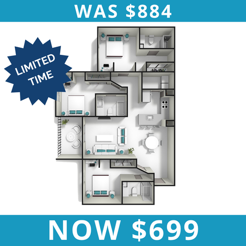Exclusive deal on a modern floor plan featuring 3 bedrooms, open living area, and spacious kitchen, now only $699.