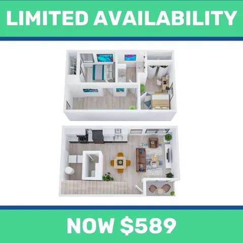 Chic 3D apartment floor plan showcasing modern design with 2 bedrooms, stylish living area, and upgraded kitchen at an unbeatable price of $589.