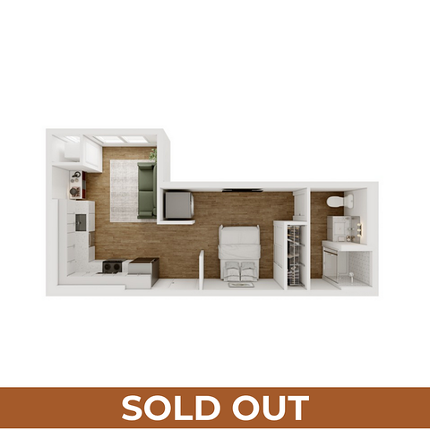 Chic studio apartment floor plan showcasing an open-concept layout with a sleek kitchen, cozy living area, and modern bathroom.