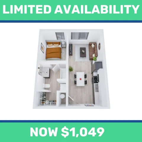 Modern 3D floor plan highlighting a single bedroom, open living and dining area, and sleek kitchen. Limited availability, now only $1,049.
