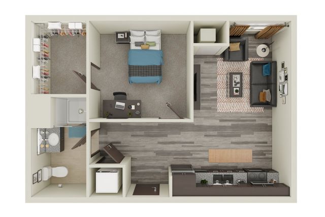 Contemporary 1-bedroom apartment floor plan with open kitchen, cozy living area, modern bathroom, and walk-in closet.
