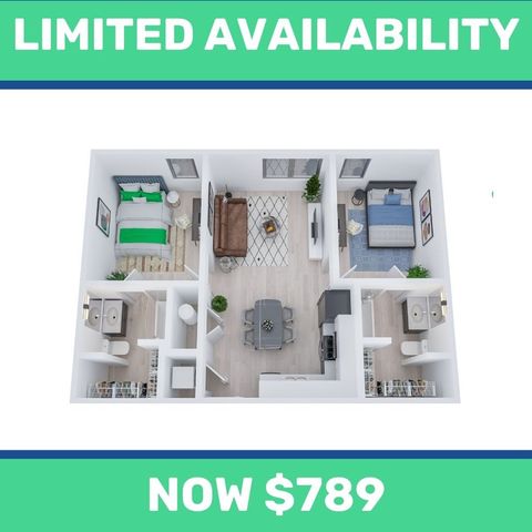 Chic 3D floor plan of an affordable 2-bedroom apartment featuring a cozy living area, modern kitchen, and dual bathrooms. Limited availability at $789.