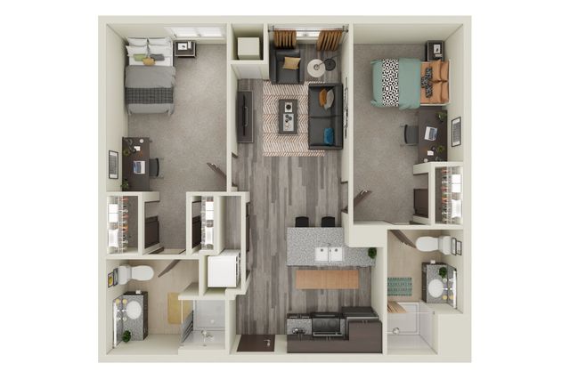 Inviting 3D floor plan featuring two spacious bedrooms, elegant open-concept living and dining area, modern kitchen with island, and two stylish bathrooms.