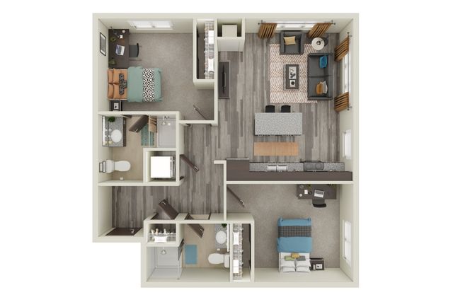 Modern apartment floor plan with 2 bedrooms, open-concept living and dining area, and a stylish kitchen, perfect for comfortable urban living.