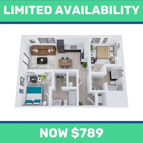 Stylish apartment layout showcasing 2 bedrooms, a modern kitchen, cozy living area, and 2 bathrooms. Limited availability at $789.