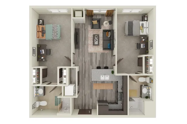 Modern 3D floor plan showcasing two spacious bedrooms, a stylish open-concept living area, a sleek kitchen with an island, and two contemporary bathrooms.