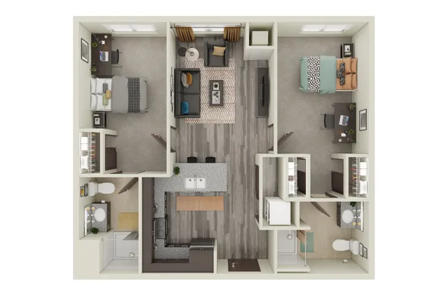 Modern 2D floor plan showcasing a spacious two-bedroom apartment with open living room, sleek kitchen, and two stylish bathrooms.