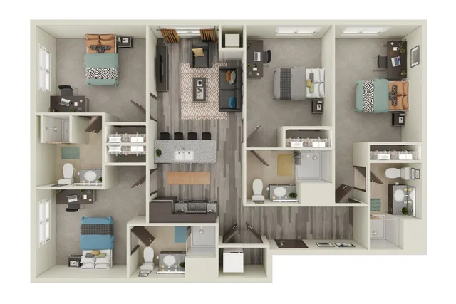 Contemporary 3-bedroom apartment floor plan featuring an open-concept kitchen and living area, three elegant bathrooms, and a cozy central living space.