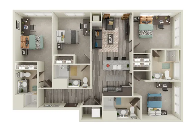 Modern 3-bedroom apartment floor plan with sleek open kitchen, cozy living room, and three spacious bathrooms.