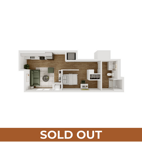 Contemporary studio apartment floor plan featuring an open-concept living area, modern kitchen, and cozy sleeping space. SOLD OUT.