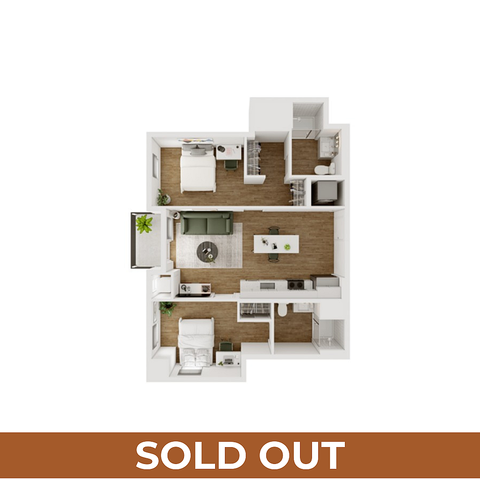 Charming 2D floor plan depicting a modern 2-bedroom apartment featuring an open-concept living area, stylish kitchen, and cozy atmosphere, marked as sold out.