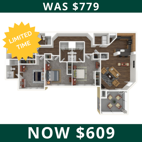 Exceptional apartment floor plan with three bedrooms, modern kitchen, and inviting living area. Limited time offer, reduced from $769 to $584.