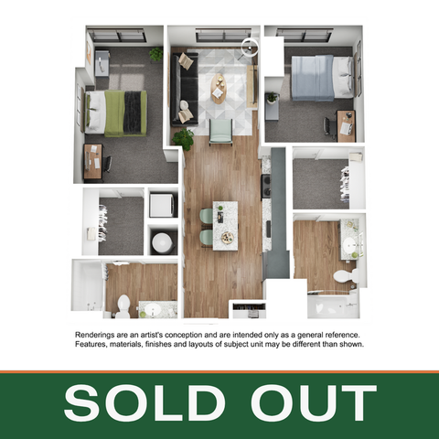 Contemporary 2-bedroom apartment floor plan with open-concept living, stylish kitchen island, and modern finishes.