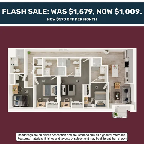 Modern floor plan showcasing four bedrooms, stylish kitchen, and cozy living area, available at a flash sale price.