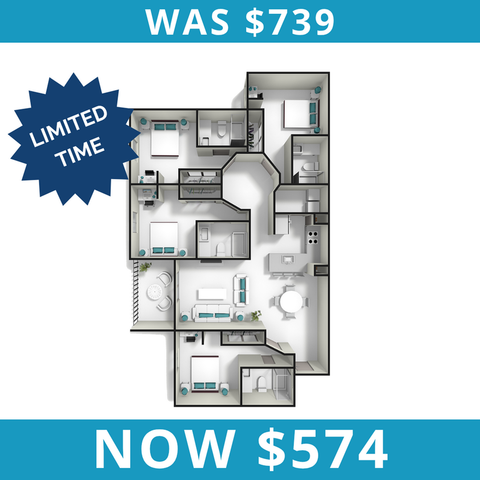 Limited time offer on a spacious floor plan featuring multiple bedrooms and bathrooms, modern kitchen, and inviting living areas, now priced at $574 from $739.