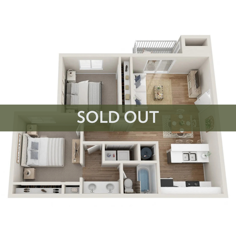 Modern 3D floor plan showcasing a cozy 1-bedroom apartment, featuring an open living area, stylish kitchen with bar seating, and a private balcony. Sold out.