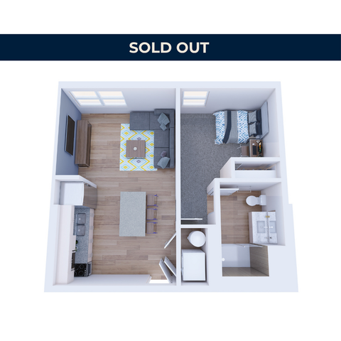 Modern 3D floor plan showcasing a cozy one-bedroom apartment with an open living area, sleek kitchen, and stylish bathroom, labeled as sold out.