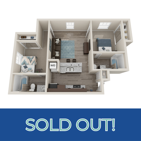 Cozy and modern 2-bedroom apartment floor plan featuring open living space, sleek kitchen island, and convenient in-unit washer-dryer. Perfect for contemporary living.