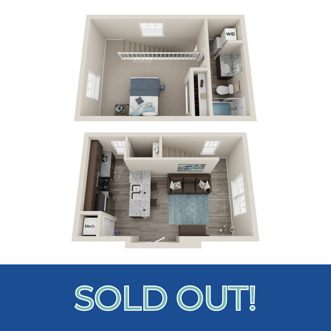 Chic two-level floor plan with a cozy living room, modern kitchen, and comfortable bedroom, featuring stylish interiors.