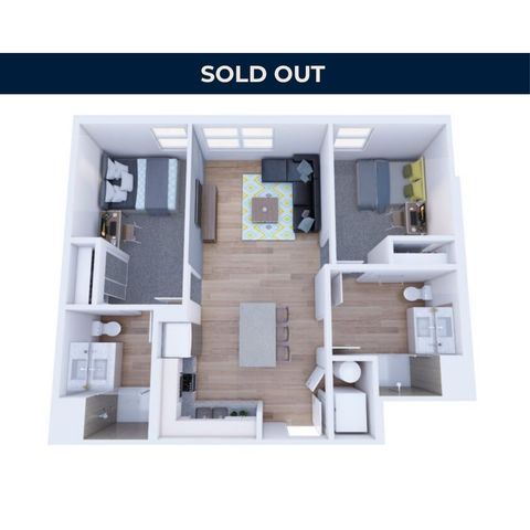 Modern 3D floor plan featuring 2 cozy bedrooms, inviting living room, and a chic kitchen with dining area, showcasing elegant layout and functionality.