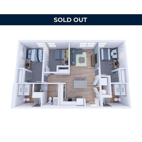 Modern 3D floor plan showcasing a stylish apartment layout with two bedrooms, a cozy living area, and a sleek kitchen. Now sold out.