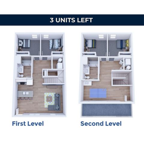 Modern two-level floor plan featuring three bedrooms and spacious living areas, highlighted by an open-concept kitchen and vibrant design. Limited 3 units left, offering dynamic living space and stylish layout.