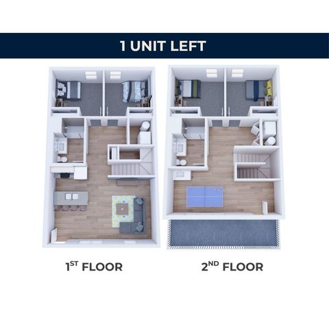 Modern 2-story apartment floor plan with spacious living and dining area on the 1st floor, and 2 cozy bedrooms with a recreational room on the 2nd floor.