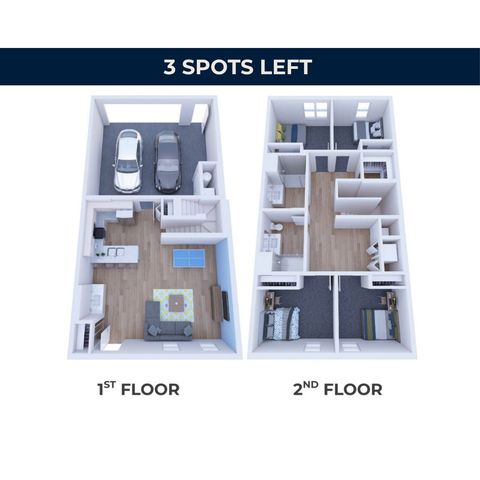 Modern dual-level floor plan with a spacious garage, open-concept kitchen and living area on the first floor, and three cozy bedrooms with elegant decor on the second floor. Only 3 spots remaining!