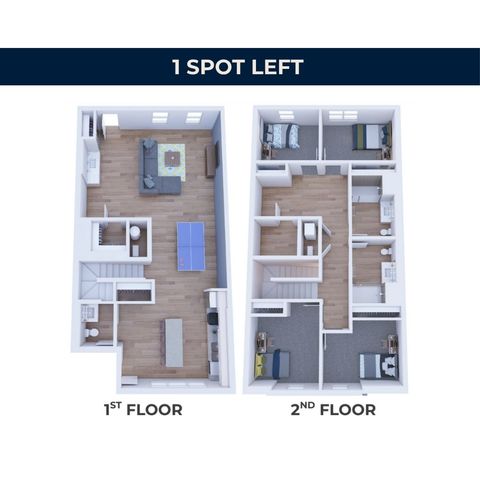Modern 3D floor plan showcasing a spacious two-story design with an inviting living area, game table, and kitchen on the first floor, plus two comfortable bedrooms and two bathrooms upstairs. Limited availability.