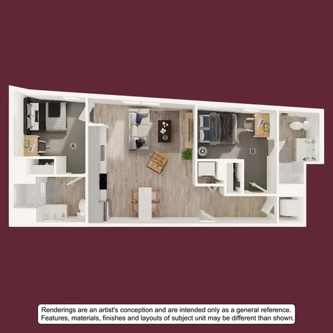 Modern 2D floor plan featuring 2 bedrooms, a stylish open living area, and a sleek kitchen design, perfect for contemporary living.