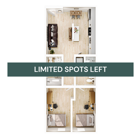 Chic and modern floor plan with 2 cozy bedrooms, sleek open-concept kitchen, and inviting living area, showcasing a smart layout.