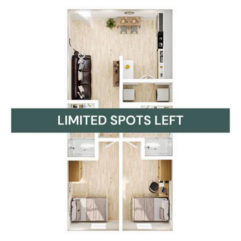 Modern 2D floor plan displaying two cozy bedrooms, a sleek bathroom, and an open-concept living area with a dining space and kitchen. Limited spots available.