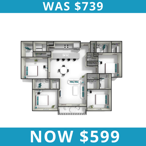 Modern floor plan with reduced price, showcasing 4 bedrooms, an open kitchen, and a spacious living area. Ideal for stylish living now priced at $599.