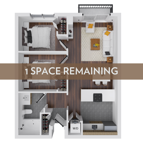 Modern 2-bedroom apartment floor plan featuring open living and dining area with balcony, stylish kitchen, and in-unit washer/dryer.