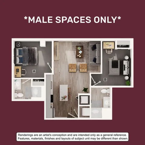 Contemporary 2-bedroom male-only apartment floor plan featuring a stylish open-concept living area and two modern bathrooms.