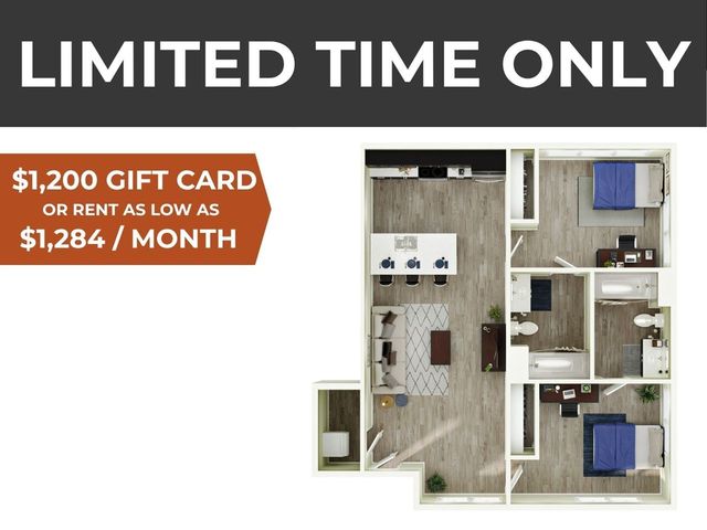 Modern floor plan showing two bedrooms, a cozy living area with wooden flooring, and a sleek kitchen. Special offer: $1,200 gift card or rent from $1,284/month for a limited time.