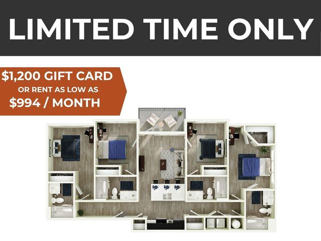Limited time offer on spacious modern floor plan featuring 3 bedrooms, open living area, and fully-equipped kitchen. Special rent offer starting at $994/month with $1,200 gift card incentive.
