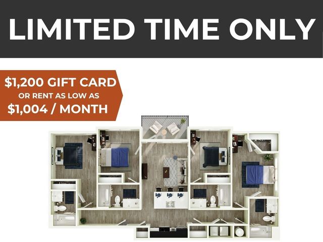 Inviting 3-bedroom floor plan with an open living area, modern kitchen, and private balcony. Limited time offer: $1,200 gift card or rent as low as $1,004 per month.