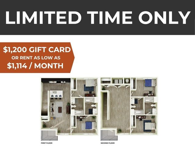Modern two-story floor plan featuring three bedrooms, spacious living area, and stylish kitchen with island countertop. Limited time offer includes $1,200 gift card or rent starting at $1,114 per month.