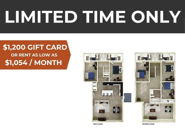 Remarkable two-story floor plan showcasing 3 bedrooms and 3 bathrooms, featuring a spacious open-concept living area and modern kitchen, with a great offer of a $1,200 gift card or rent starting at $1,054/month.