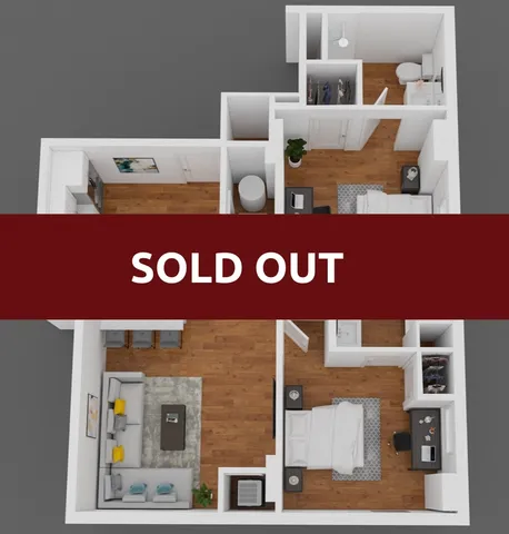 Modern 2D floor plan showcasing 2 bedrooms, a cozy living space, and a sleek kitchen, now sold out.