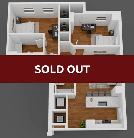 Chic 3D floor plan with 2 bedrooms, stylish open kitchen, and cozy living area, marked as sold out.