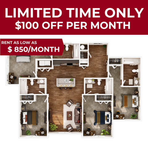 Inviting floor plan with three bedrooms, elegant open-concept living space, modern kitchen with island, and two bathrooms. Limited time offer: $100 off monthly rent, now as low as $850/month.