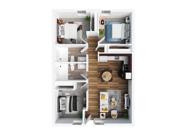 Modern apartment floor plan showcasing three bedrooms, a stylish open living area, and a sleek kitchen perfect for urban living.