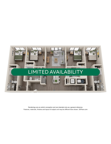 Contemporary 3D floor plan showcasing 4 bedrooms, elegant living area, and modern kitchen with limited availability.